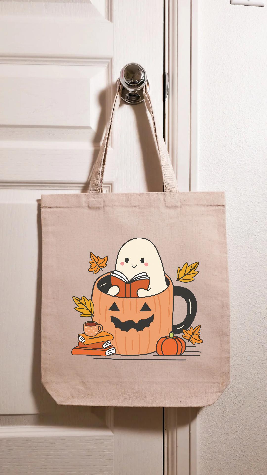 Fall Reading Ghostie Tote Bag, Library Tote, Spooky Bookish Bag, Reusable Cotton Bag, Autumn Reader, Book Store Tote, Bookworm Gift