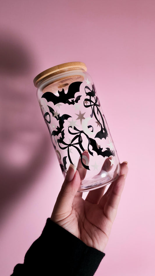 Coquette Bats Coffee Glass Can, Cute Libbey, Ribbon Cup, Halloween Bows Beer Can with Bamboo Lid, Spooky Lover Gift