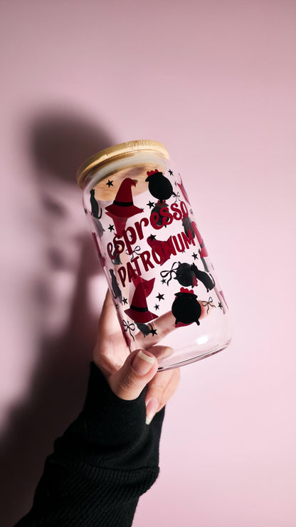 Espresso Patronum Coffee Glass Can, Wizard Libbey, Fall Cup, Halloween Witch Beer Can with Bamboo Lid, Magic Lover Gift