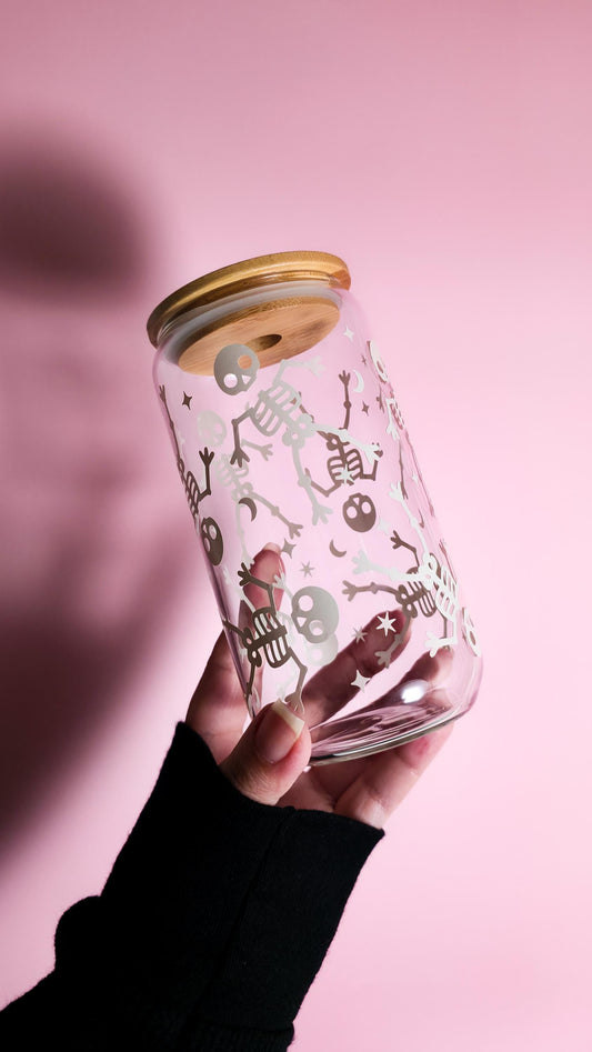 Little Skellies Coffee Glass Can, Cute Skeleton Libbey, Ribbon Cup, Halloween Skelly Beer Can with Bamboo Lid, Spooky Lover Gift