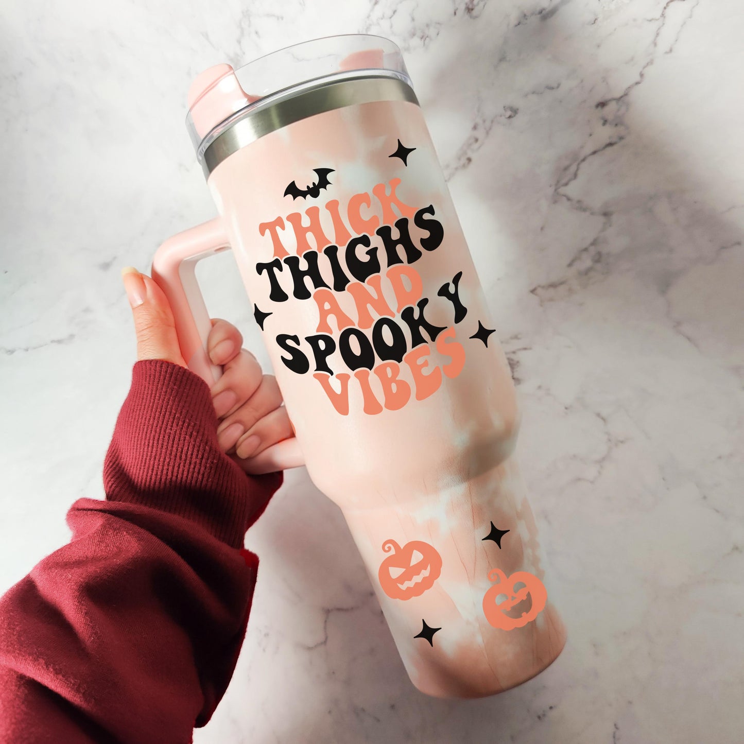 Thick Thighs And Spooky Vibes 40oz Insulated Tumbler, Large Cup, Reusable Thermos with Straw, Halloween Aesthetic, Spooky Gift