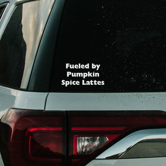 Fueled By Pumpkin Spice Lattes Car Decal, Halloween Car Accessory, Permanent Vinyl, Autumn Bumper Sticker, Fall Season Saying, Vehicle Gift
