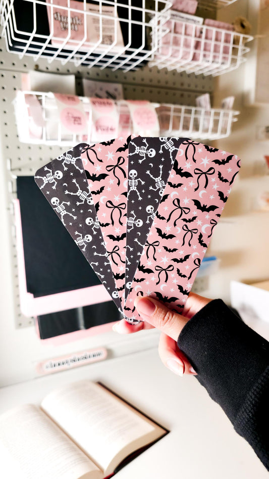 Skelly & Coquette Bats Bookmark, Double Sided Laminated Paper Bookmark, Halloween Page Marker, Cute Book Accessory, Spooky Bookish Gift