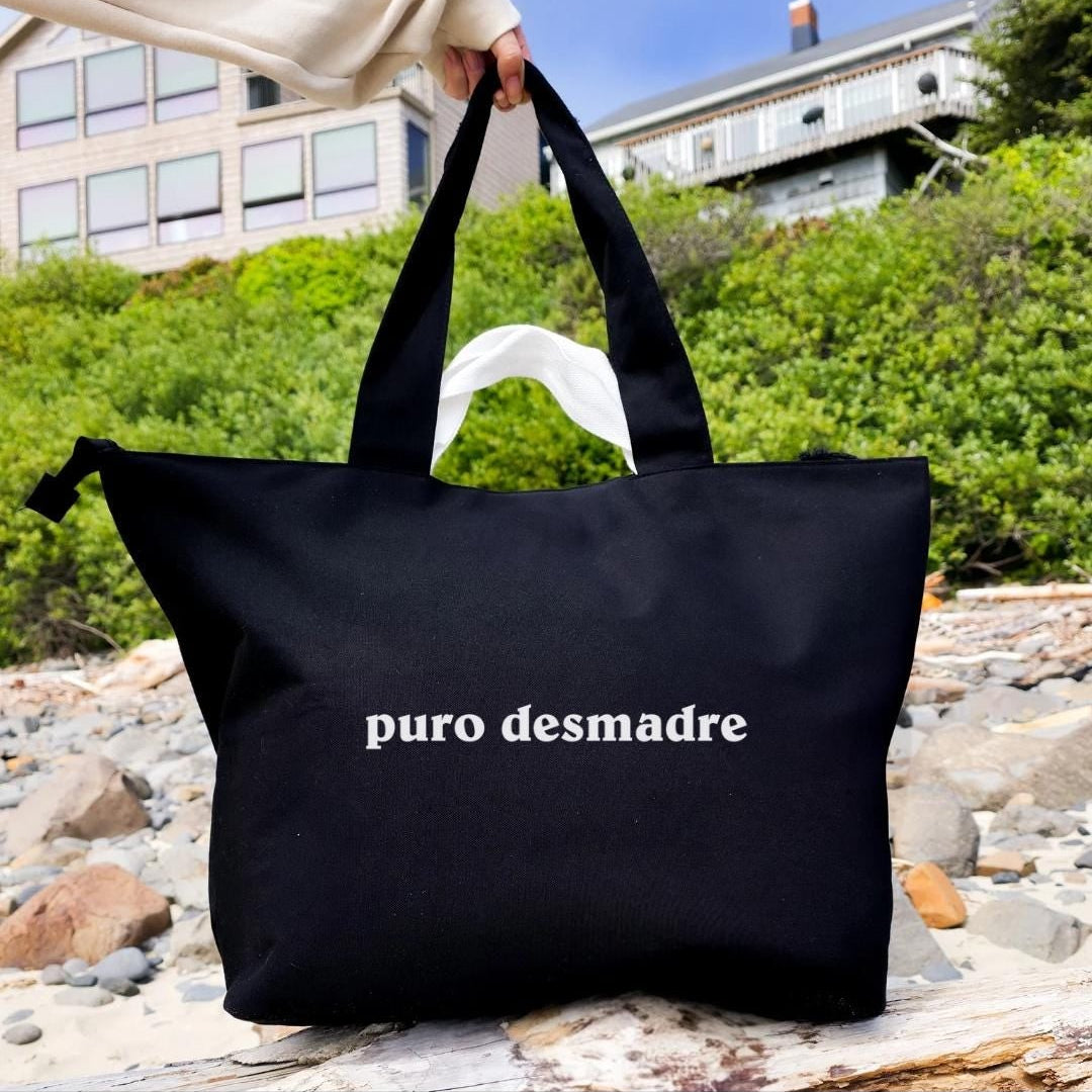 Puro Desmadre Jumbo Tote Bag, Extra Large Tote, Spanish Quote Bag, Reusable Overnight Cotton Bag, Latin Mom Tote Gift
