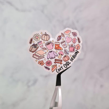 Cozy Girl Season Heart Holographic Sticker, Water Resistant, Sweater Weather, Warm and Cozy Vibes, Autumn Aesthetics, Fall Lover Gift