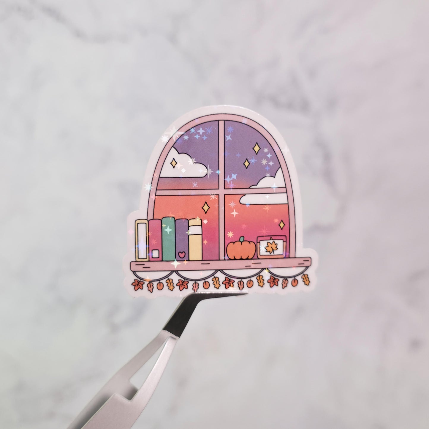 Cute Autumn Window Holographic Sticker, Bookish Water Resistant, Cozy Fall Bookshelf, Bookworm Gift