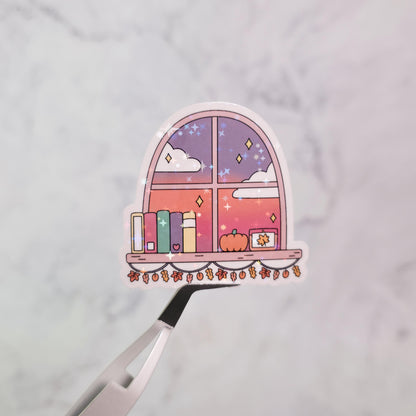 Cute Autumn Window Holographic Sticker, Bookish Water Resistant, Cozy Fall Bookshelf, Bookworm Gift
