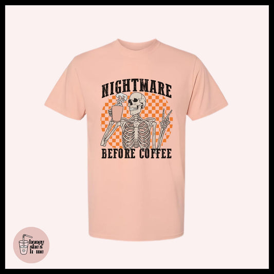 Nightmare Before Coffee T-shirt, Coffee Lover Shirt, Casual Soft Cotton Tee, Skull Comfy Top, Retro Checkered Skelly, Spooky Season Gift