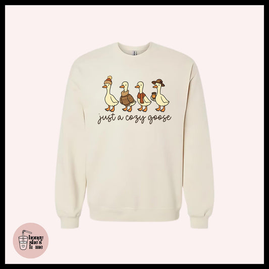 Just A Cozy Goose Crewneck, Autumn Animals Sweater, Cute Falloween Sweatshirt, Comfy Fleece Soft Crew, Fall Seasonal Gift