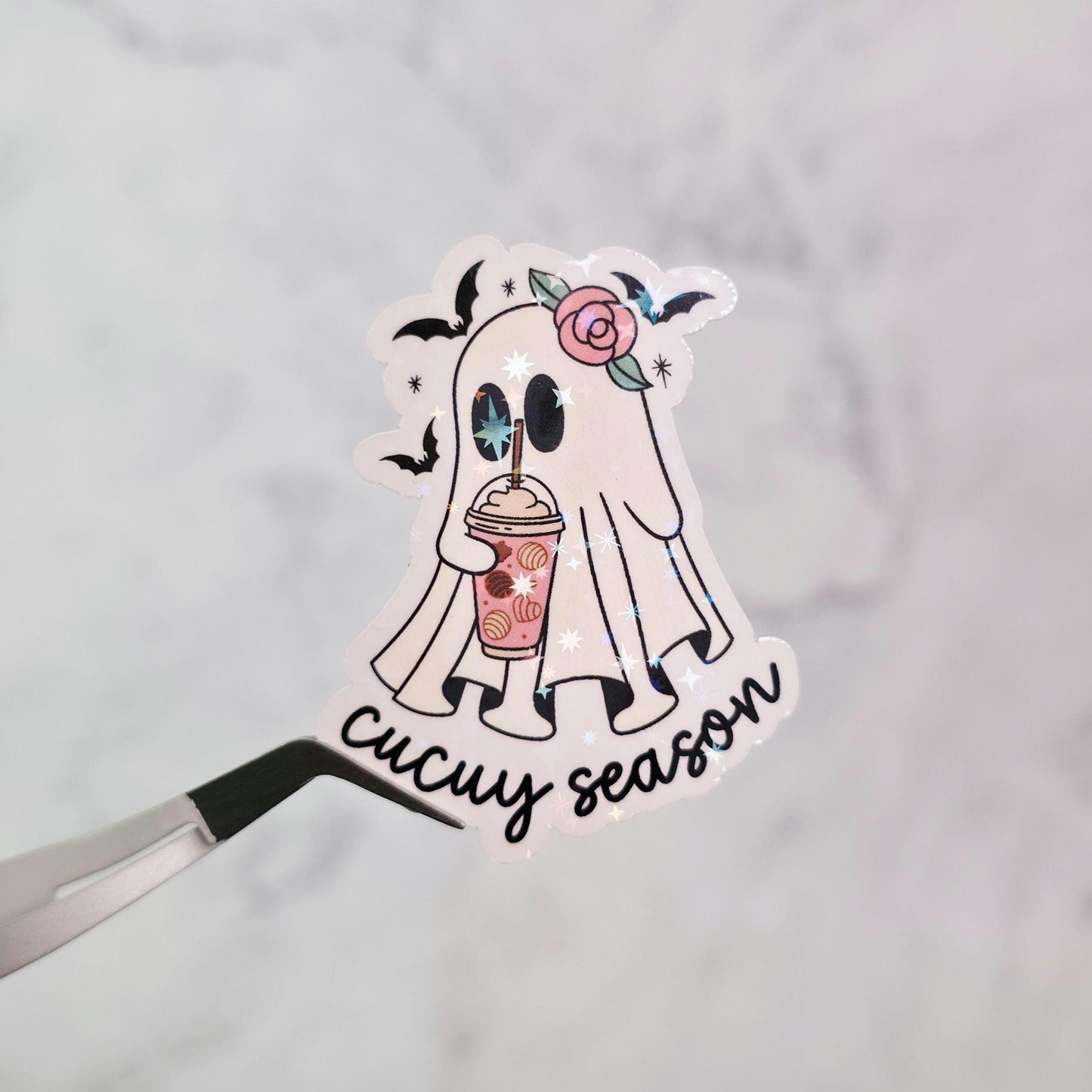 Cucuy Season Ghostie Holographic Sticker, Water Resistant, Cute Concha Ghost, Iced Coffee Lover Spooky Season Gift
