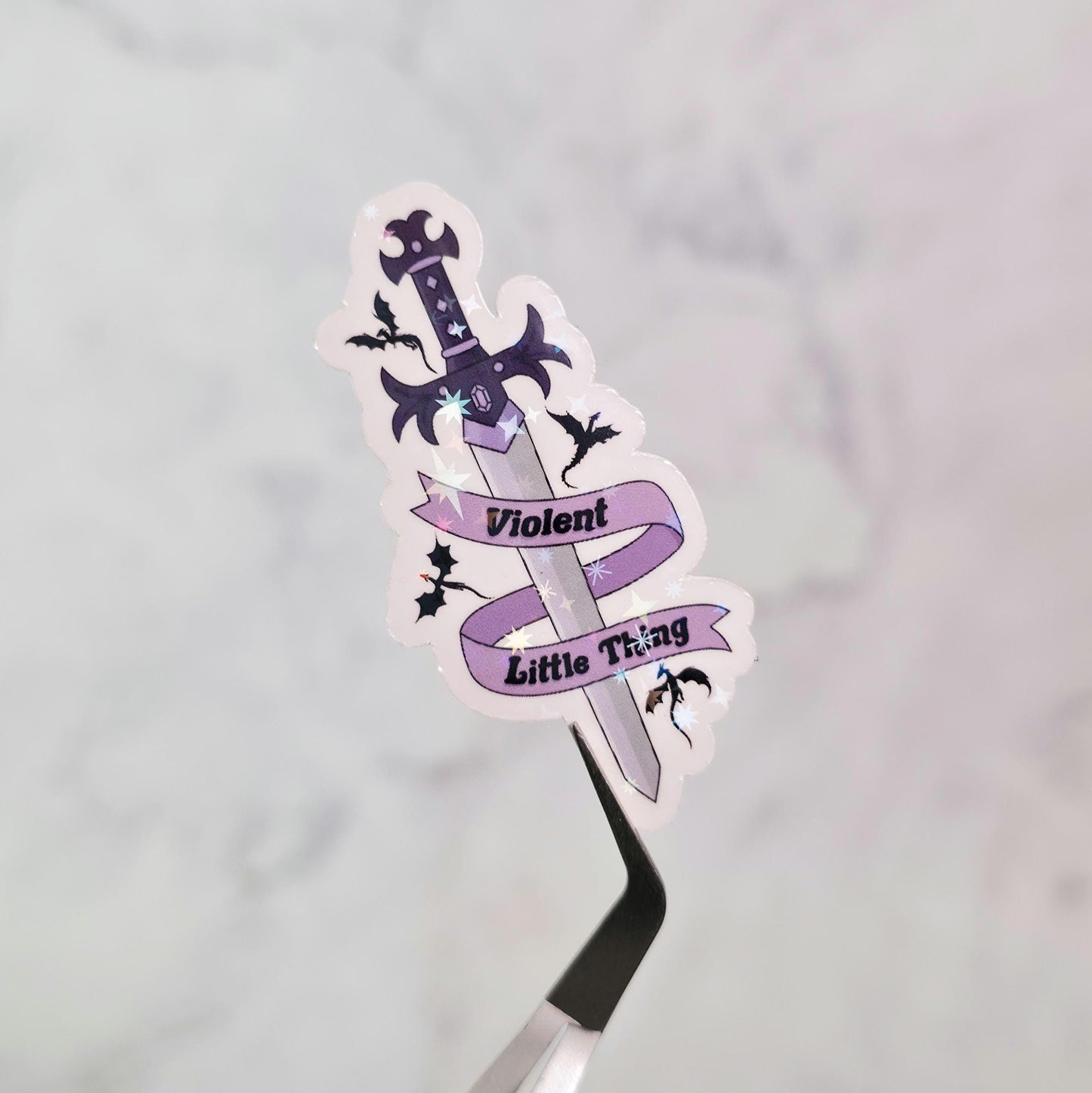 Violent Little Thing Holographic Sticker, Water Resistant, Swords, Dragons, Fantasy Bookworm Gift