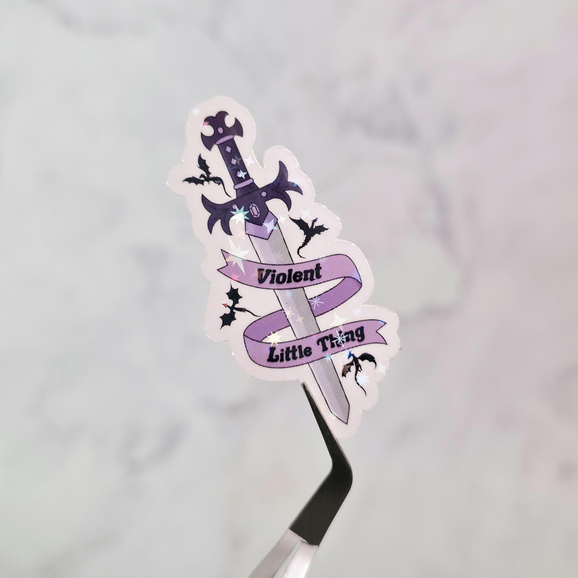 Violent Little Thing Holographic Sticker, Water Resistant, Swords, Dragons, Fantasy Bookworm Gift