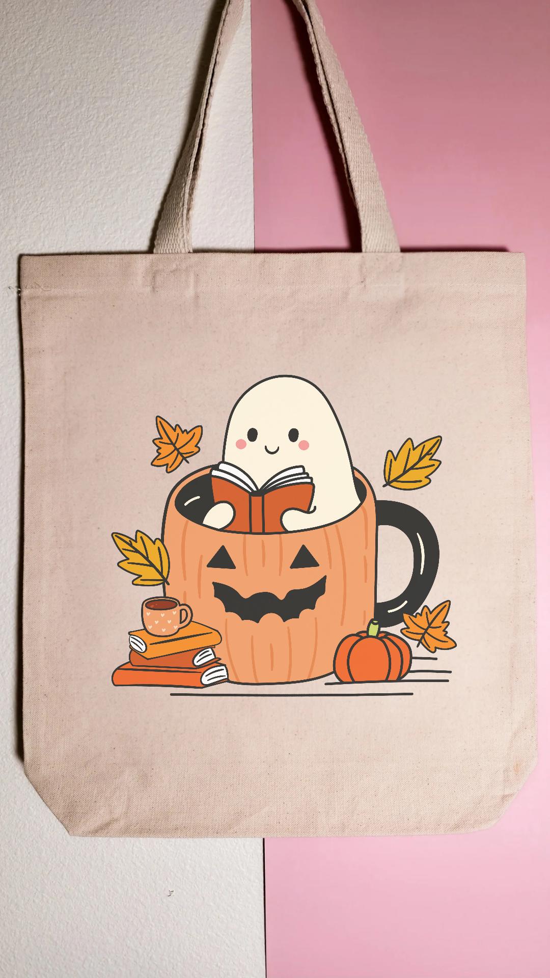 Fall Reading Ghostie Tote Bag, Library Tote, Spooky Bookish Bag, Reusable Cotton Bag, Autumn Reader, Book Store Tote, Bookworm Gift