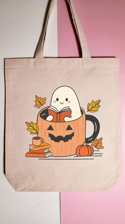 Fall Reading Ghostie Tote Bag, Library Tote, Spooky Bookish Bag, Reusable Cotton Bag, Autumn Reader, Book Store Tote, Bookworm Gift