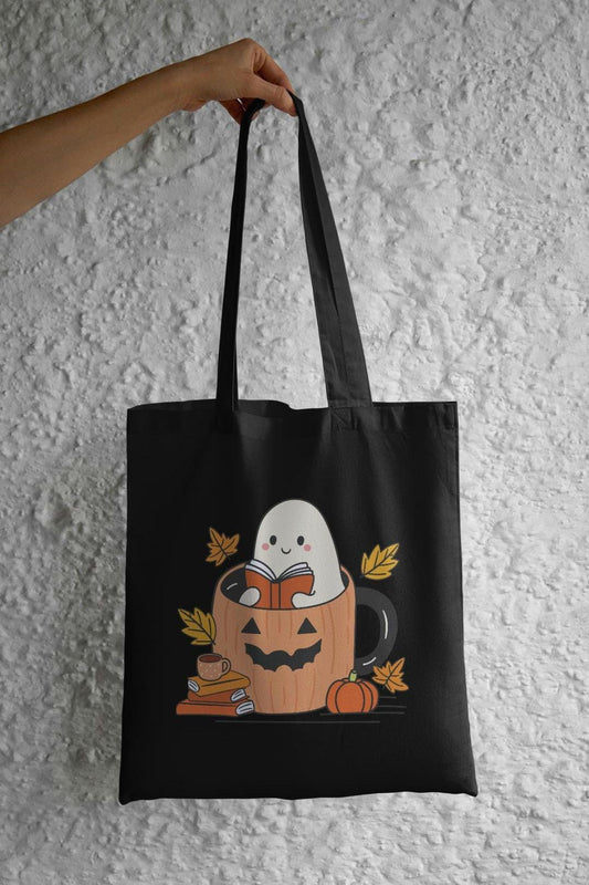 Fall Reading Ghostie Tote Bag, Library Tote, Spooky Bookish Bag, Reusable Cotton Bag, Autumn Reader, Book Store Tote, Bookworm Gift