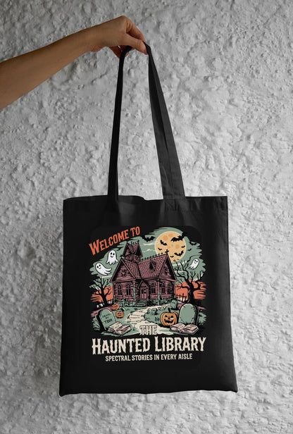 Haunted Library Tote Bag, Halloween Tote, Spooky Bookish Bag, Reusable Cotton Bag, Reader, Book Store Tote, Bookworm Gift