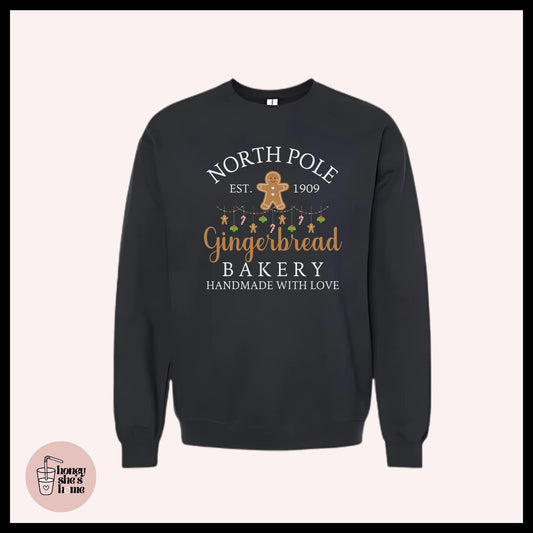 North Pole Gingerbread Bakery Crewneck: Holiday Season Fleece Sweatshirt