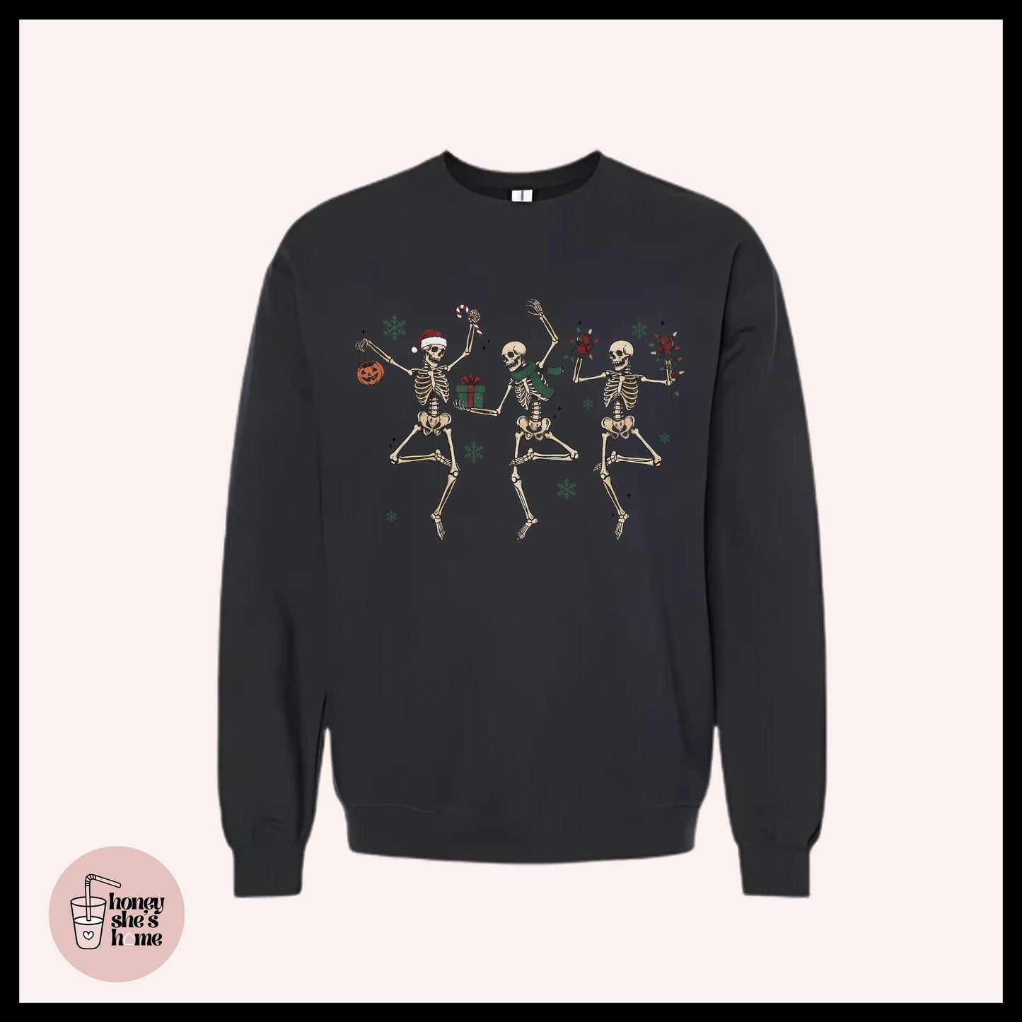 Dancing Christmas Skeletons Crewneck: Holiday Season Fleece Sweatshirt