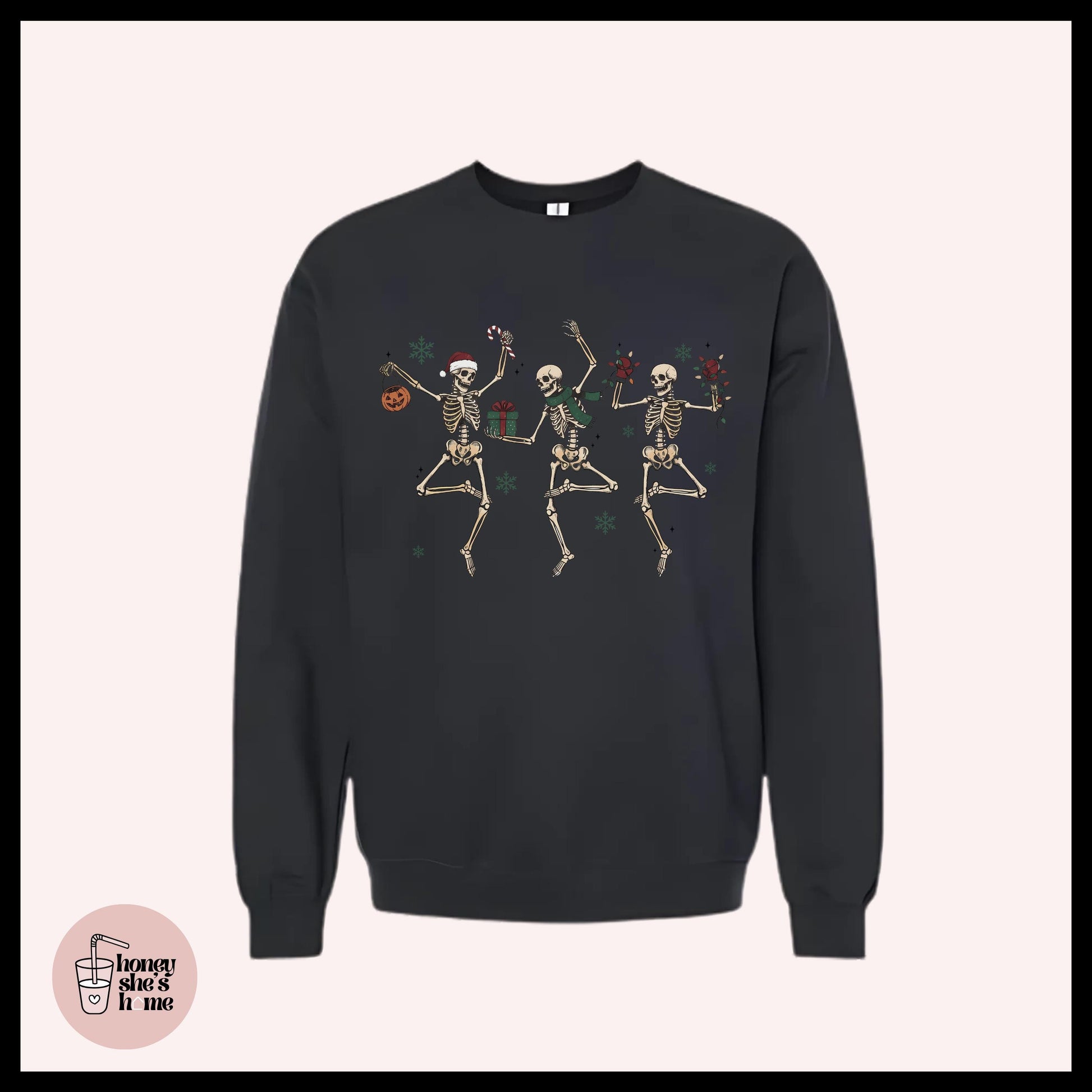 Dancing Christmas Skeletons Crewneck: Holiday Season Fleece Sweatshirt
