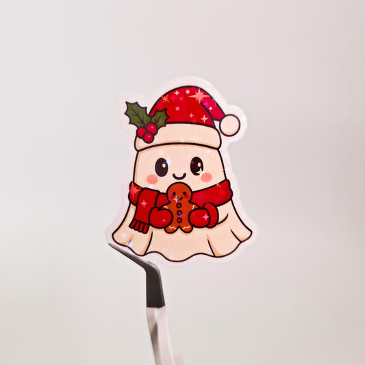 Christmas Ghost Holographic Sticker: Ghostie Holding Gingerbread Cookie