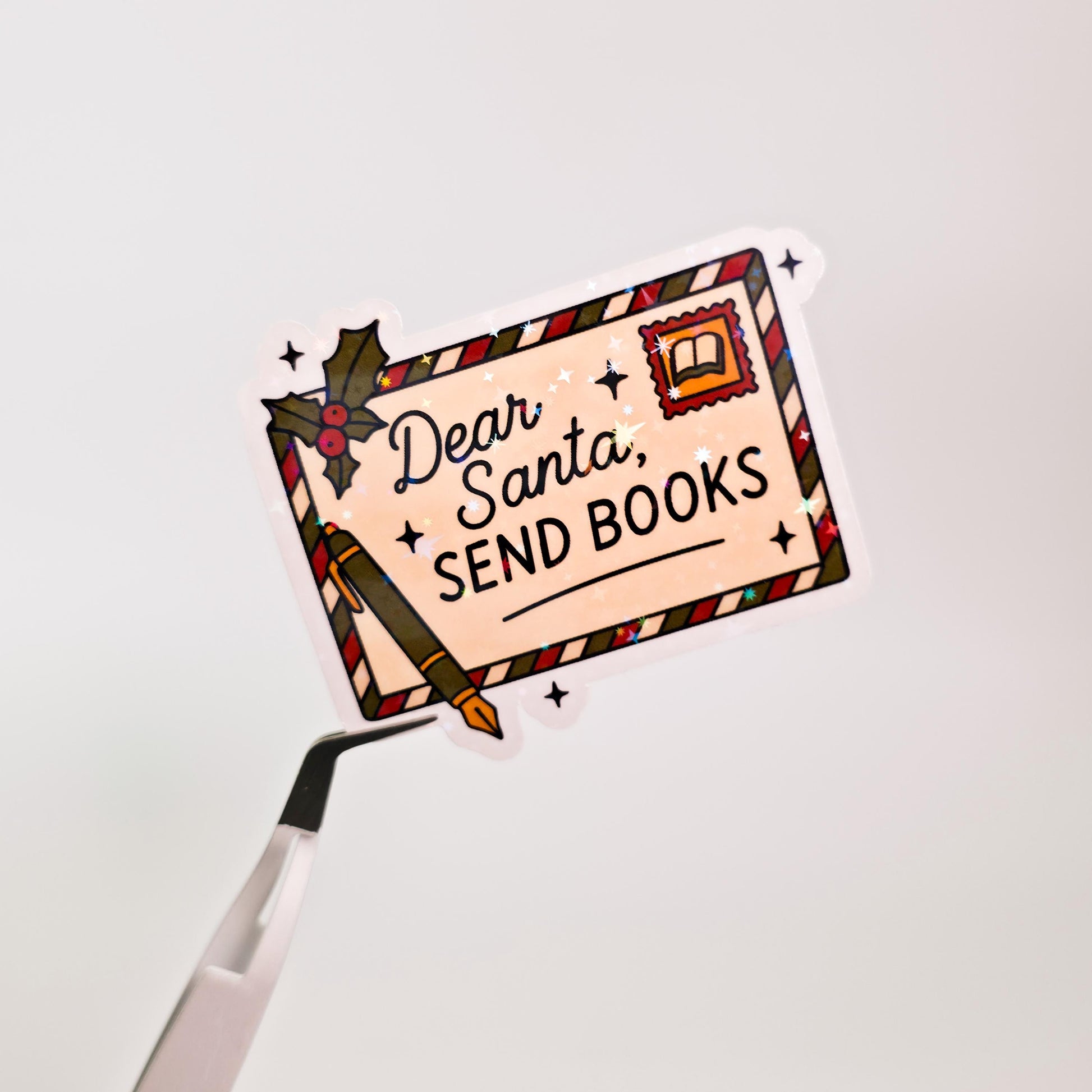 Dear Santa Send Books Holographic Sticker: Bookish Christmas Decal