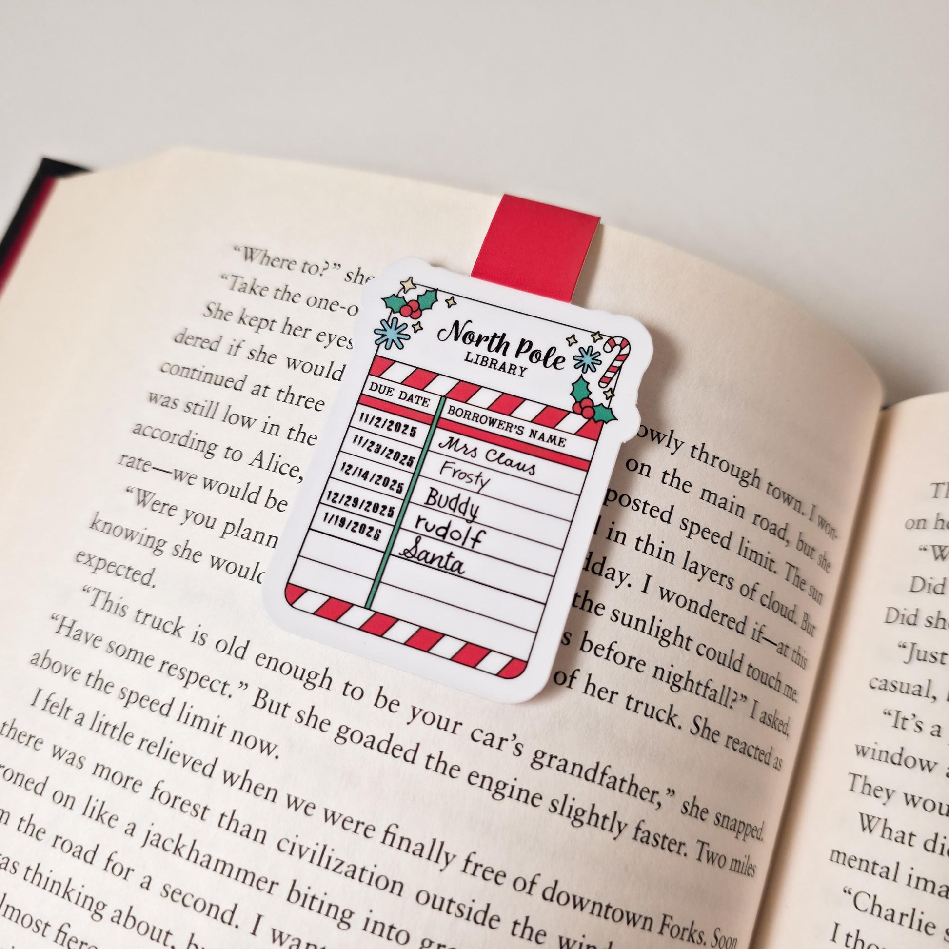 North Pole Library Due Date Card Magnetic Bookmark: Christmas Page Marker