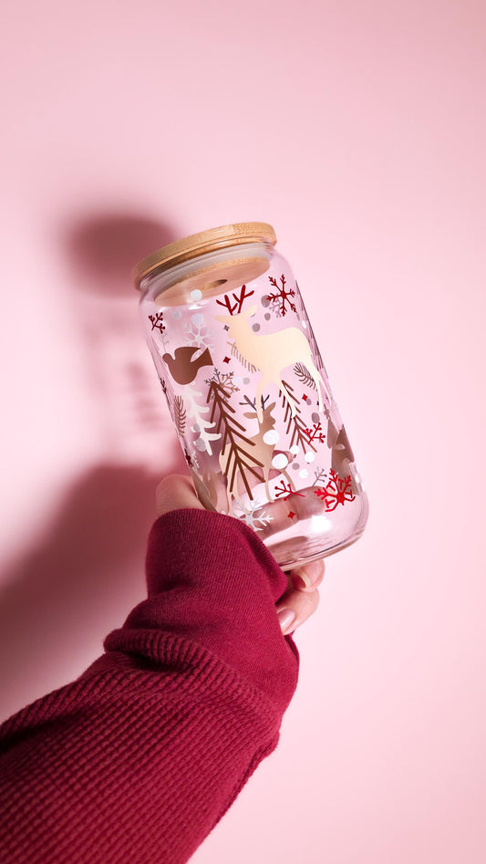 Christmas Reindeer Iced Coffee Glass Cup