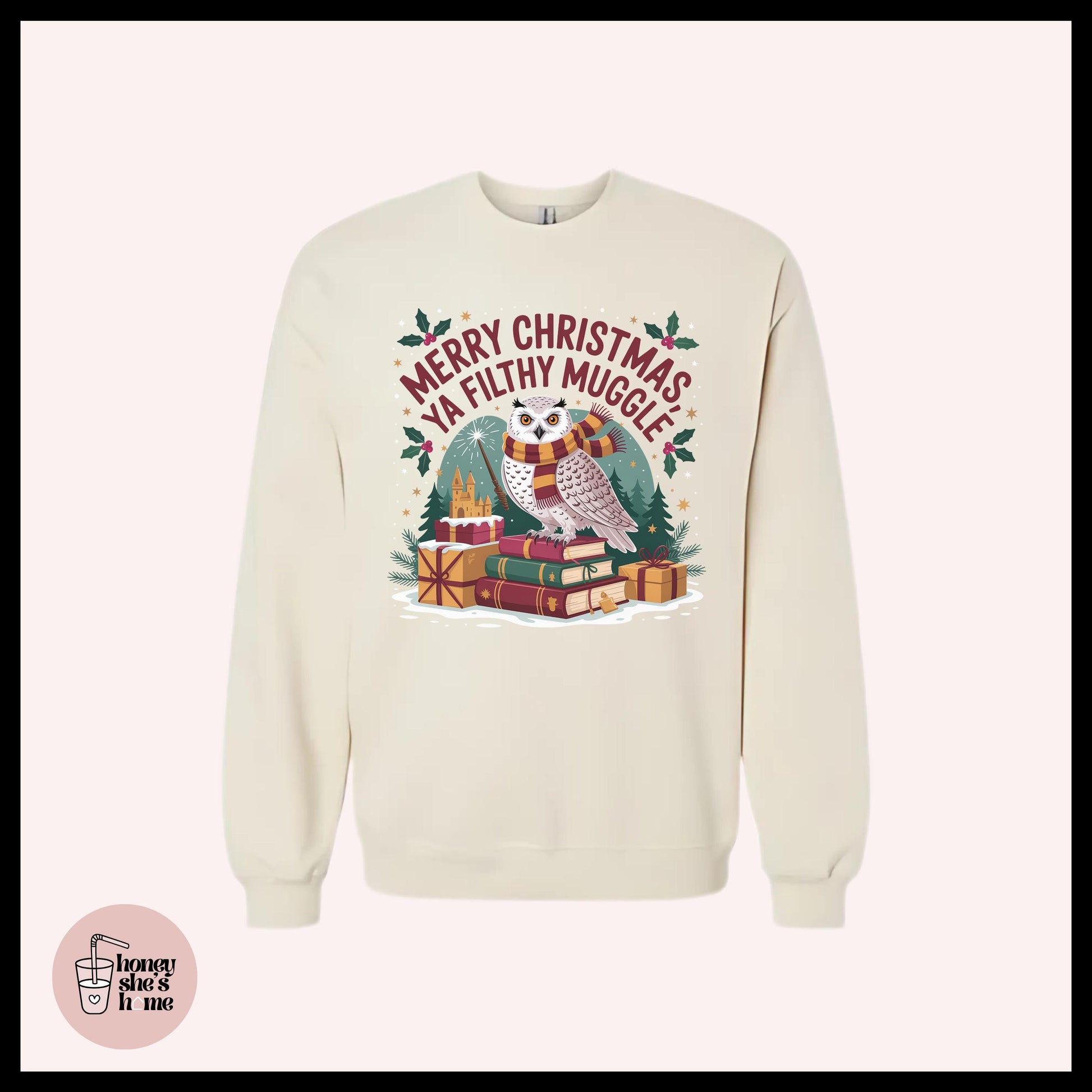 Merry Christmas Owl Crewneck: Holiday Quote Fleece Sweatshirt