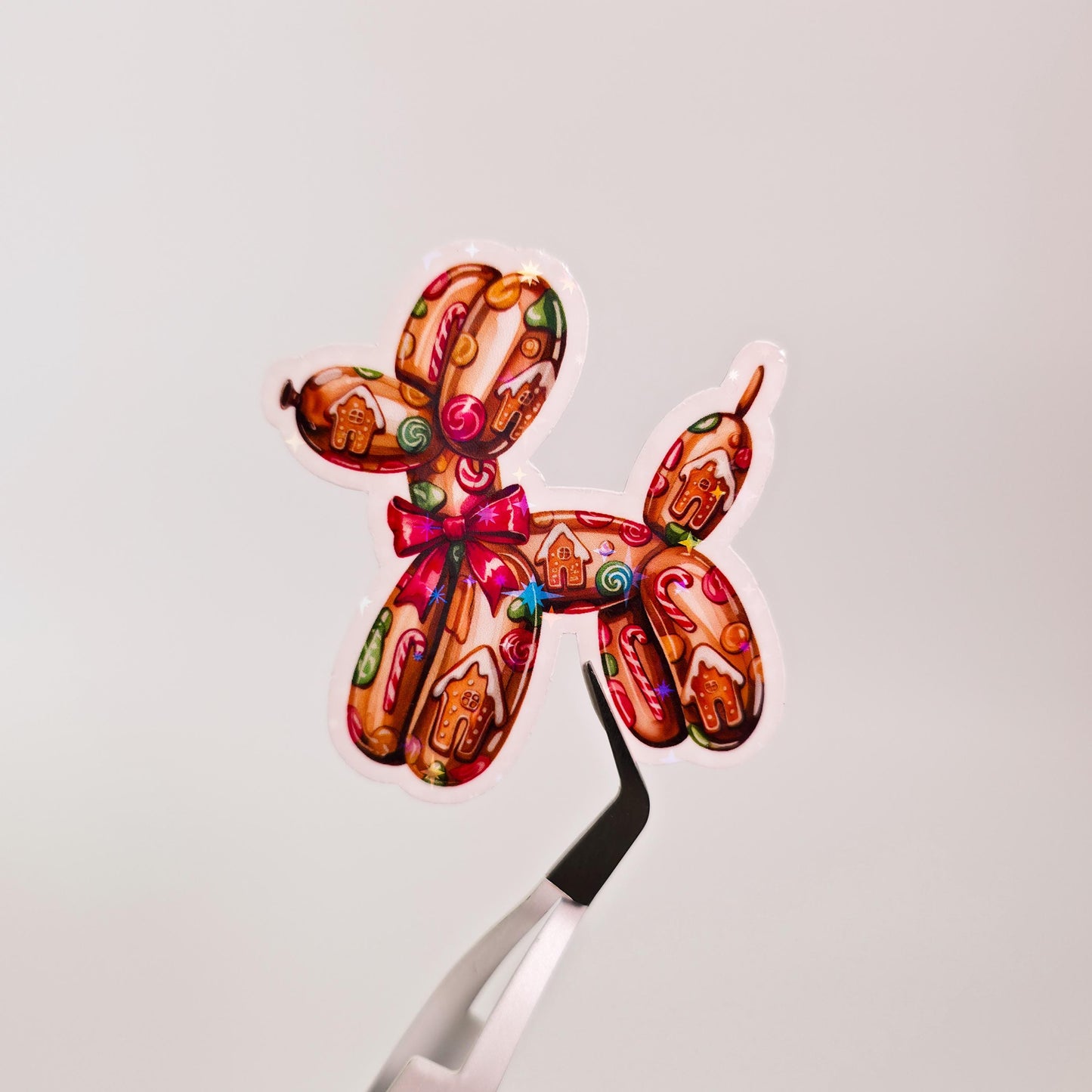 Gingerbread Balloon Dog Holographic Sticker: Christmas Cookie Dog, Balloon Art, Holiday Lover Gift