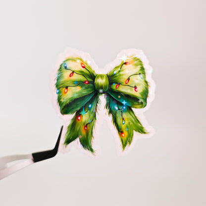 Green Christmas Bow Holographic Sticker: Xmas Lights