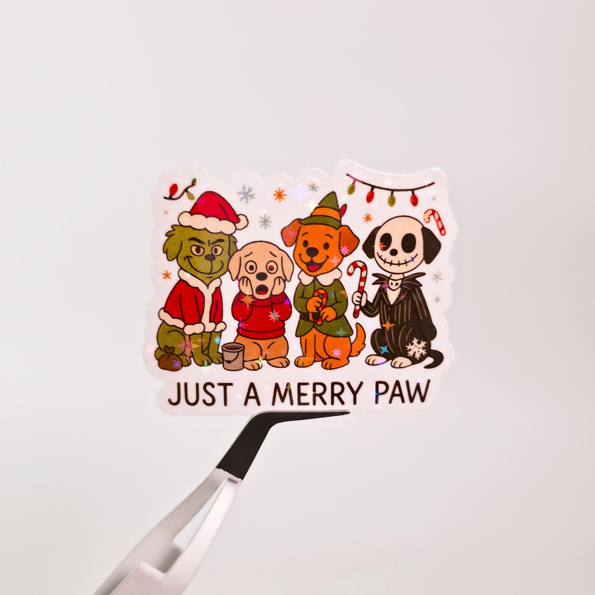 Just A Merry Paw Holographic Sticker: Dog Christmas Characters, Holiday Pups