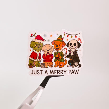 Just A Merry Paw Holographic Sticker: Dog Christmas Characters, Holiday Pups