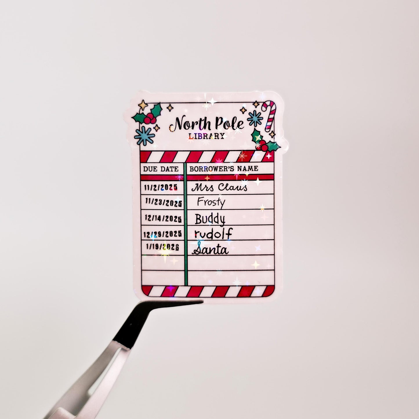 North Pole Library Due Date Card Holographic Sticker: Bookish Reader Decal