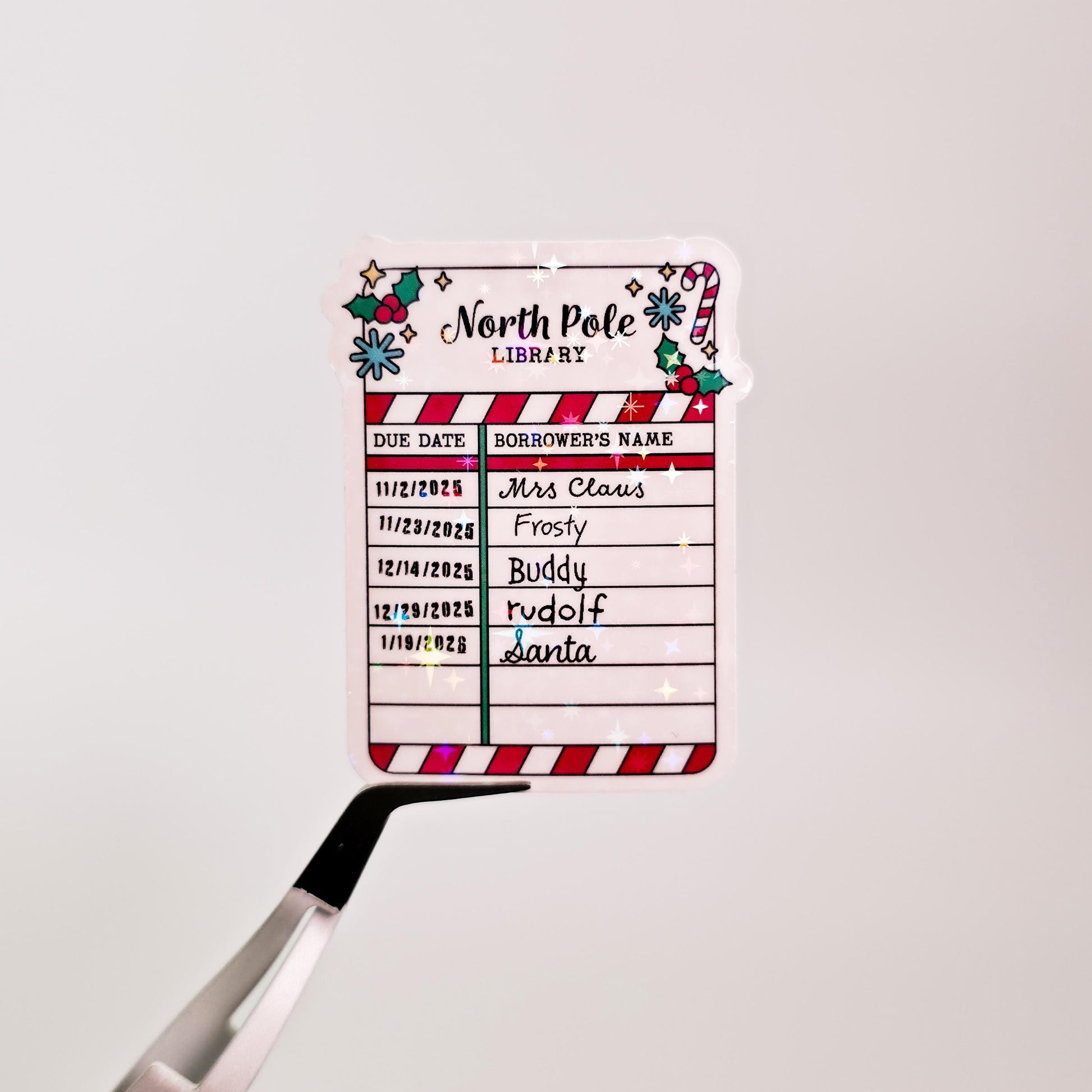 North Pole Library Due Date Card Holographic Sticker: Bookish Reader Decal