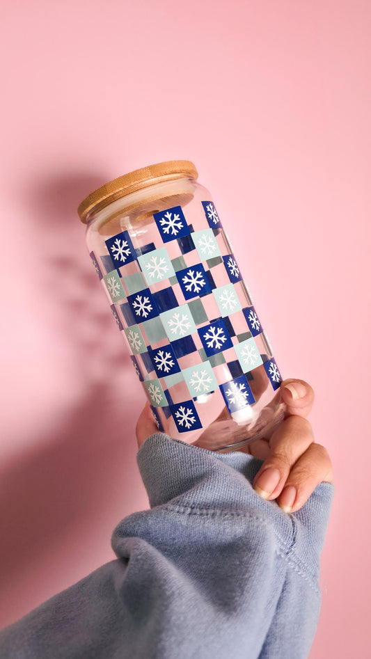 Winter Checkered Snowflakes Iced Coffee Glass Cup