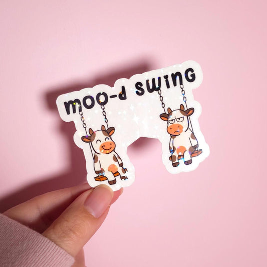 Mood Swing Holographic Sticker: Water Resistant Laptop Mental Health Humor, Cute Cow Decal