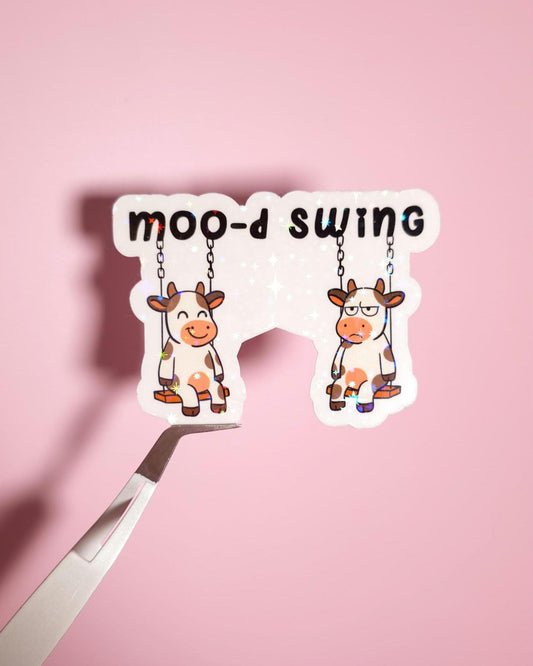Mood Swing Holographic Sticker: Water Resistant Laptop Mental Health Humor, Cute Cow Decal