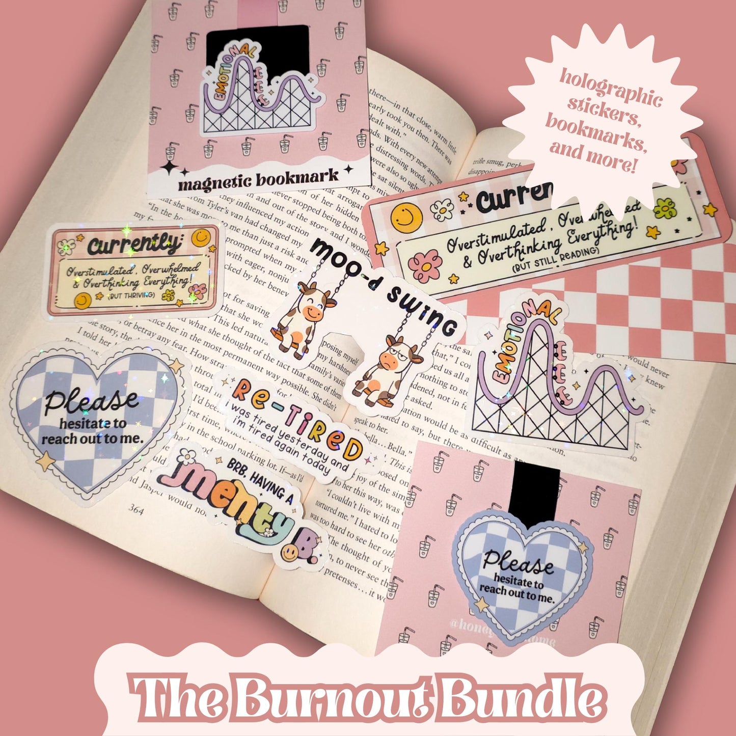 The Burnout Bundle, Overstimulated Mental Health Stickers + Bookmarks, Cozy Bookish Self Care Gift, Funny Sarcastic Sticker Pack