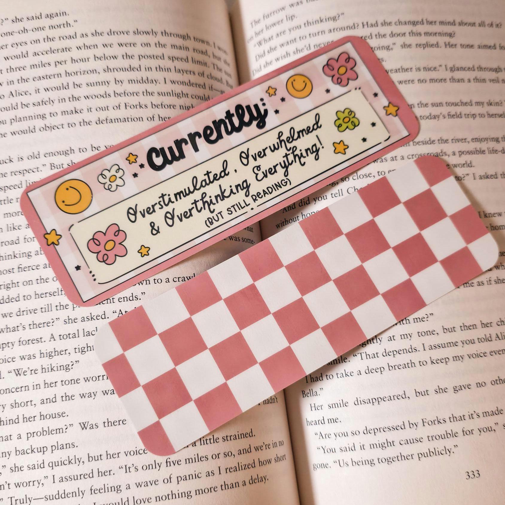 Currently Overstimulated Bookmark Duo: Laminated Pink Checkered Page Markers