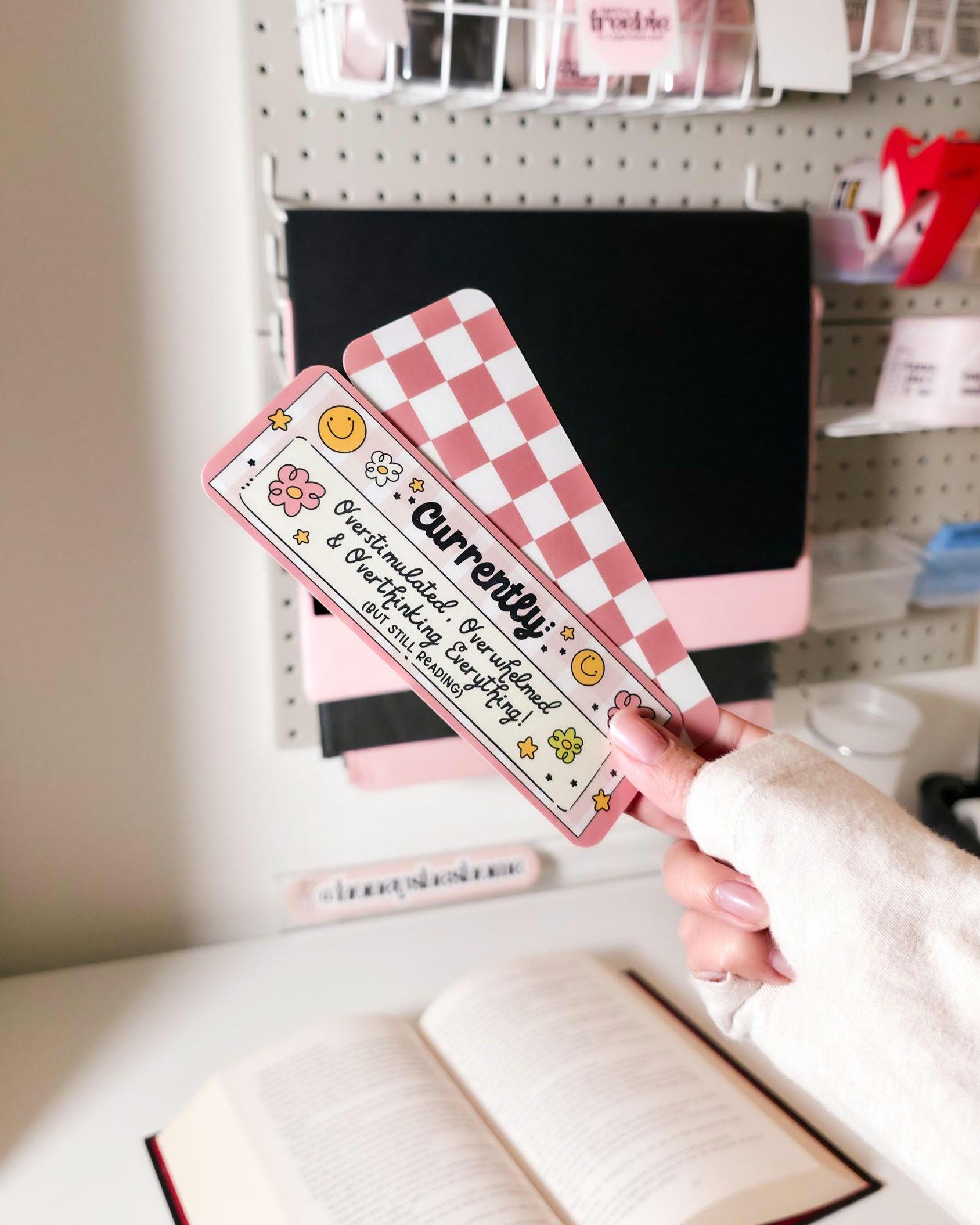 Currently Overstimulated Bookmark Duo: Laminated Pink Checkered Page Markers