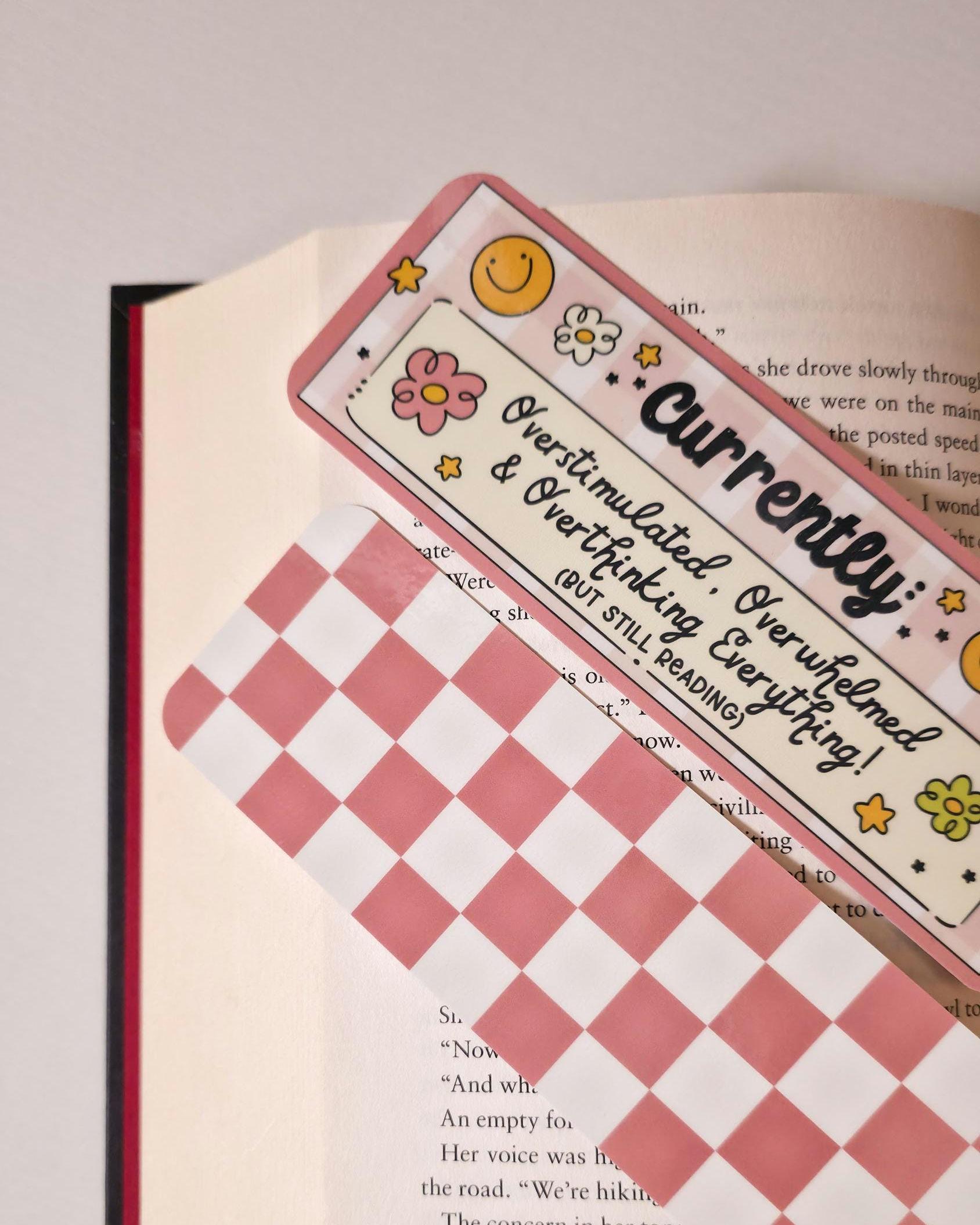 Currently Overstimulated Bookmark Duo: Laminated Pink Checkered Page Markers
