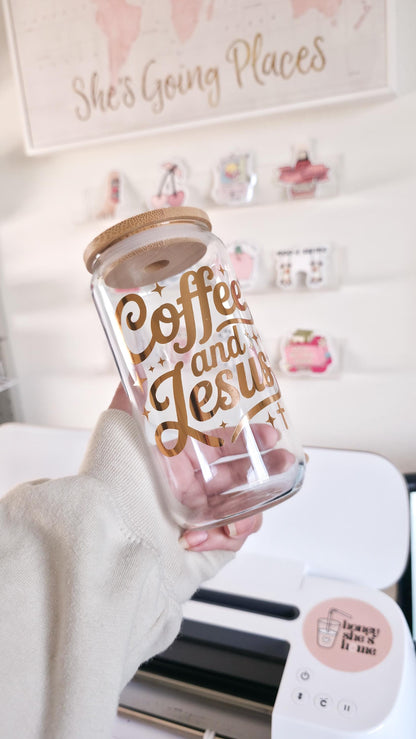 Coffee and Jesus Glass Cup | Christian Lover Gift | Faith Tumbler | Bible Libbey Can | Religious Gift