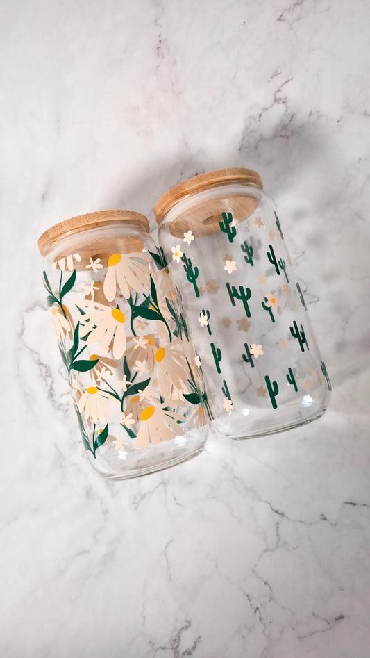 Daisy Glass Coffee Cup | Cute Plant Lover | Libbey Can Glass | Boho Drinkware | Gift for Her