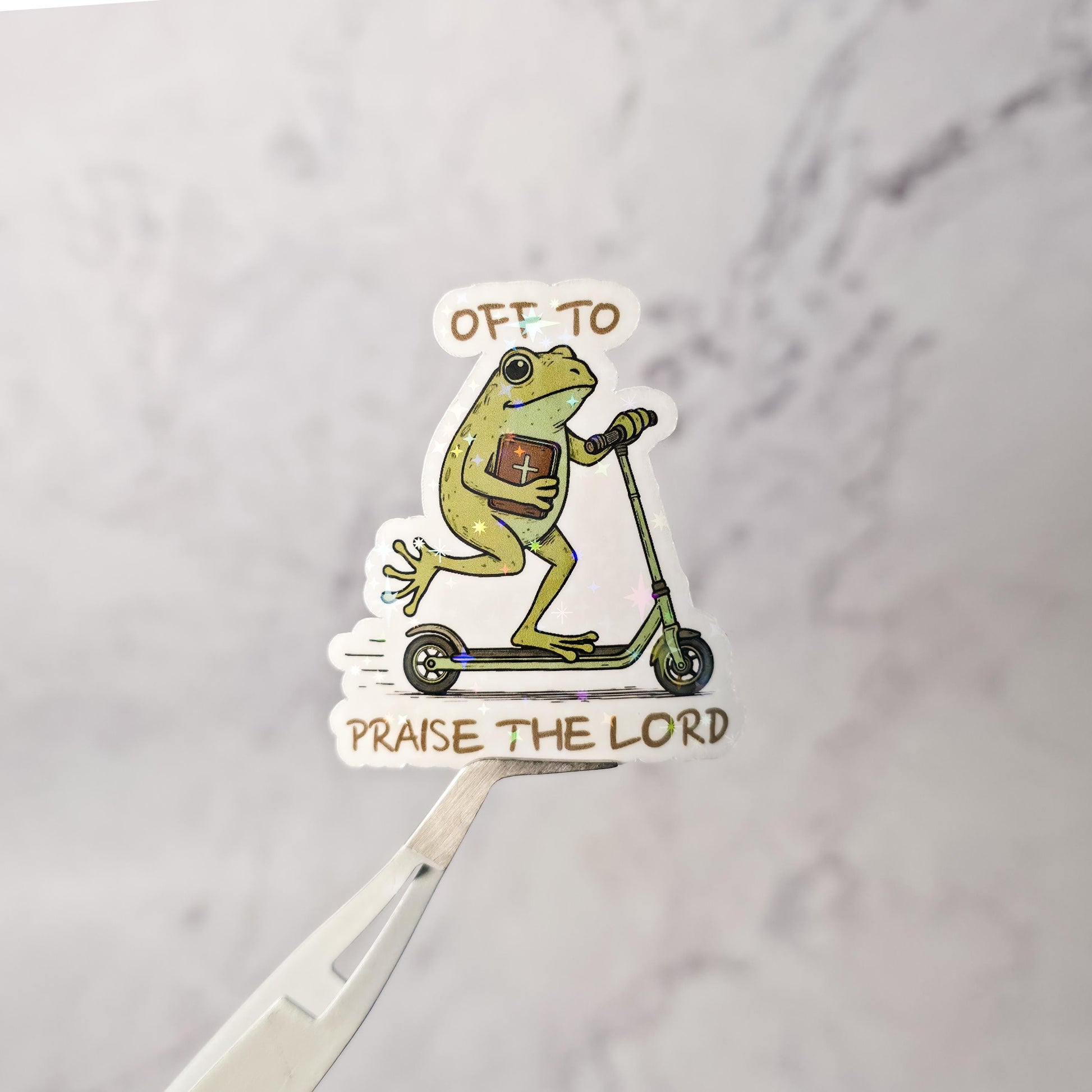 Off to Praise the Lord Holographic Sticker | Frog On Scooter | Funny Christian Sticker