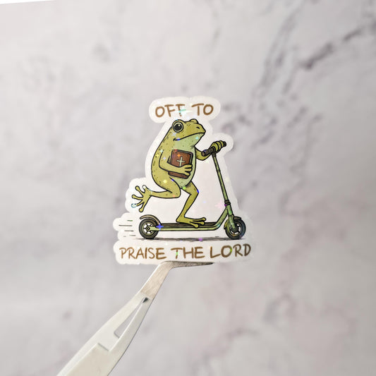 Off to Praise the Lord Holographic Sticker | Frog On Scooter | Funny Christian Sticker