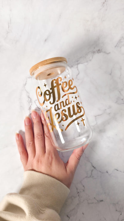 Coffee and Jesus Glass Cup | Christian Lover Gift | Faith Tumbler | Bible Libbey Can | Religious Gift