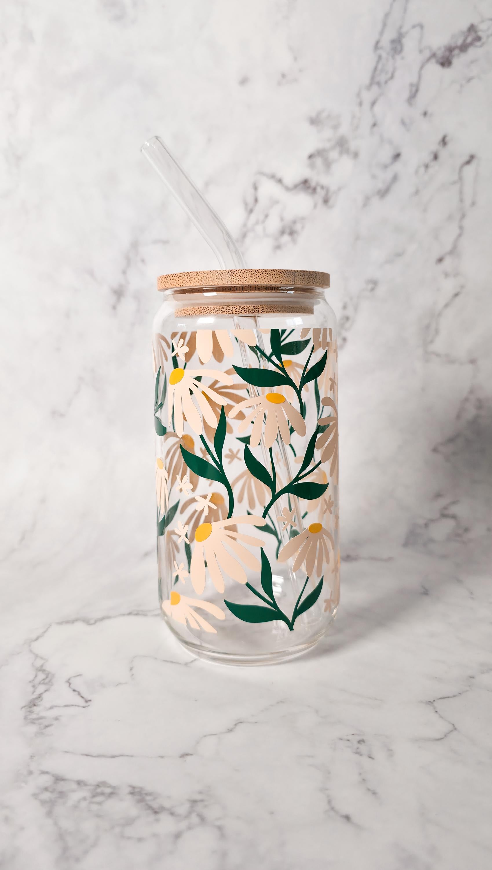 Daisy Glass Coffee Cup | Cute Plant Lover | Libbey Can Glass | Boho Drinkware | Gift for Her
