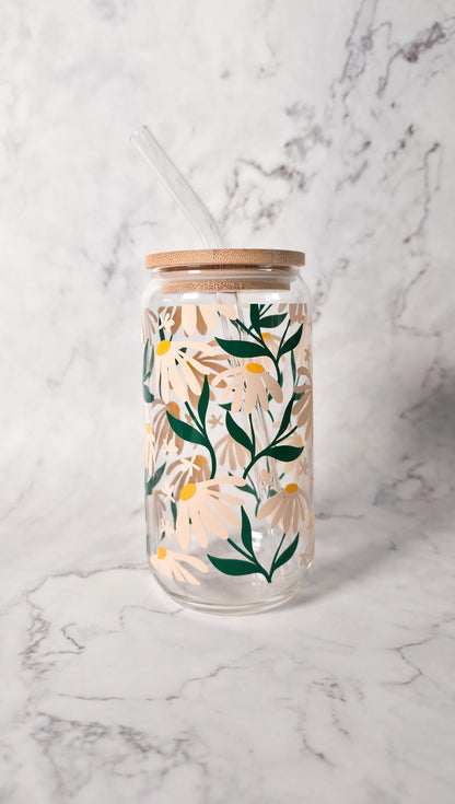 Daisy Glass Coffee Cup | Cute Plant Lover | Libbey Can Glass | Boho Drinkware | Gift for Her