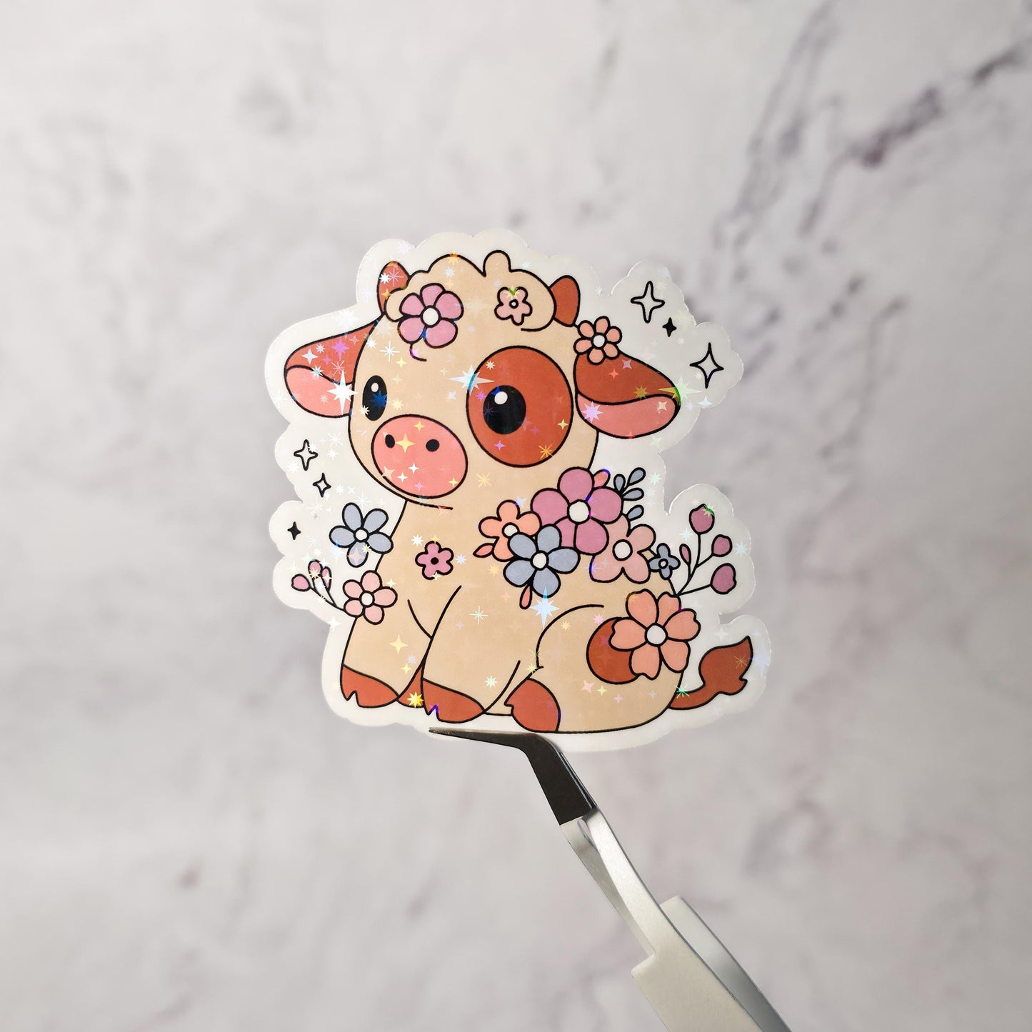 Floral Baby Cow Holographic Sticker – Farm Animal, Laptop & Planner Decal