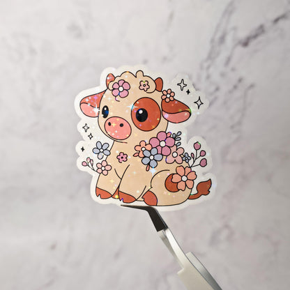Floral Baby Cow Holographic Sticker – Farm Animal, Laptop & Planner Decal